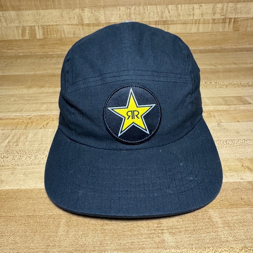 Y2K Rockstar Energy Drink 5 Panel Camper Hat Black Ripstop Strapback Cap